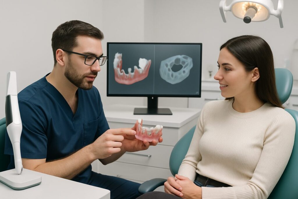 Image of a modern dental office with a dentist and patient discussing dental implant options, highlighting advanced technology like 3D scanning and surgical guides. No text on the image.