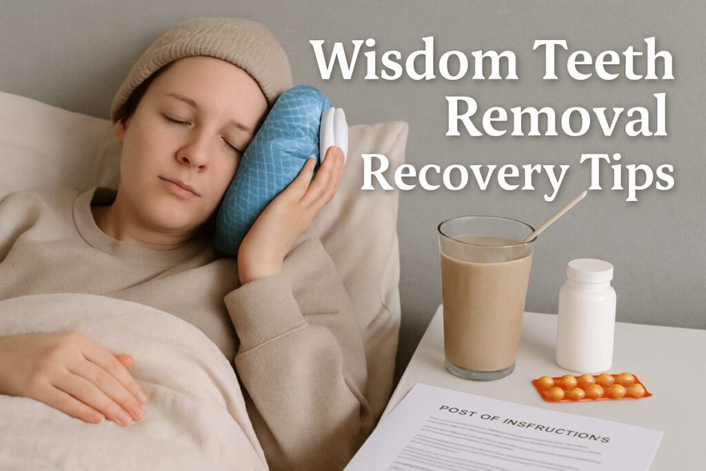 Image of a person resting in bed with an ice pack on their cheek, along with various items such as medication, a soft food smoothie, and written post-op instructions. Text on the image says "Wisdom Teeth Removal Recovery Tips."