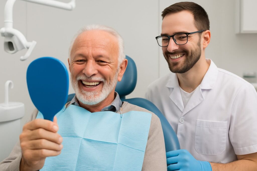 Image of a smiling senior man in a dental chair, admiring his new set of all-on-4 dental implants in a mirror, with a dentist standing beside him. No text on the image.