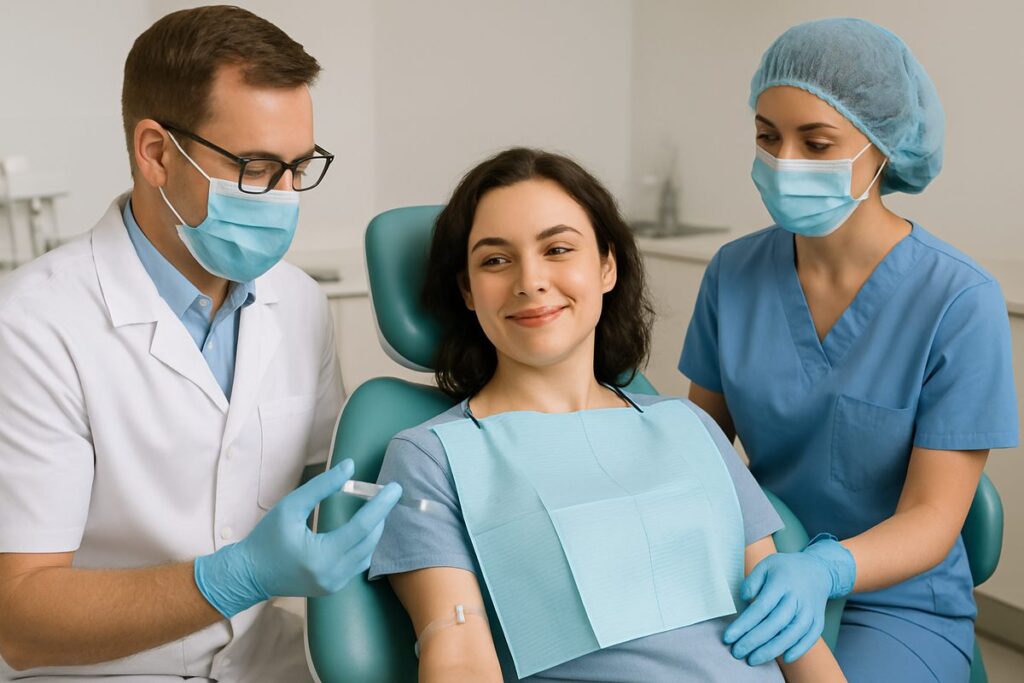A calm patient in a dental chair is prepped for IV sedation by a dentist and assistant. The patient is smiling softly, and the dental team appears professional and reassuring. No text on the image.
