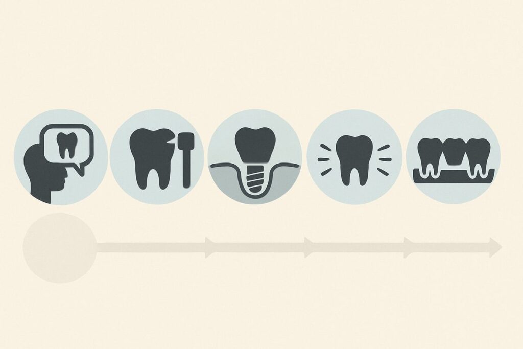 An infographic-style image showing the five key steps to dental implants, including consultation, preparation, implant placement, healing, and final restoration, with simple icons representing each stage. No text on image.