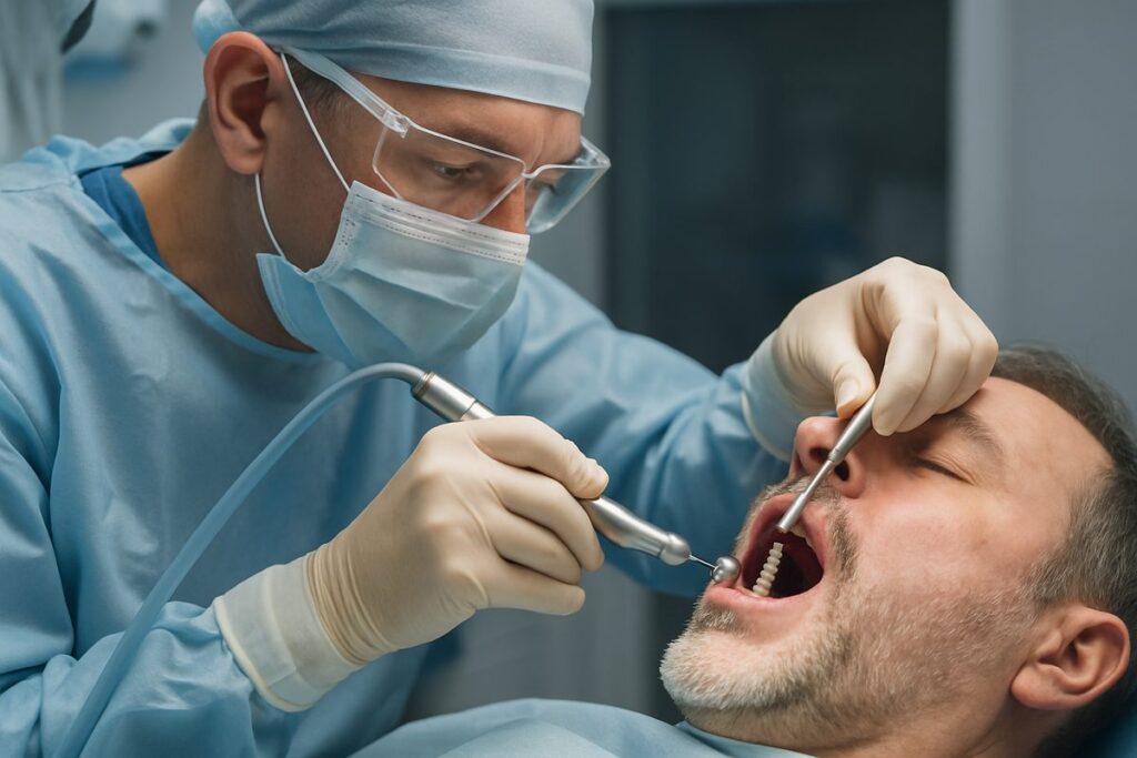 Realistic image of a dental surgeon inserting a titanium implant into a patient's jawbone, using advanced surgical tools and techniques. No text on image.