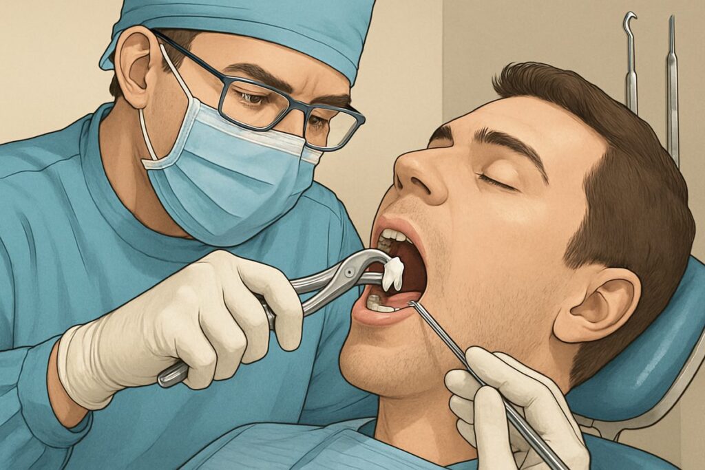 Illustration of a dentist carefully removing a wisdom tooth from a patient's mouth, with dental instruments visible. The image should convey a sense of professional care and precision. No text on the image.