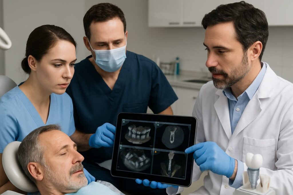 Realistic image showcasing a dental team consisting of a periodontist, oral surgeon, and general dentist collaborating on a periodontics dental implant case. The team is gathered around a patient, reviewing digital scans and treatment plans. No text on the image.