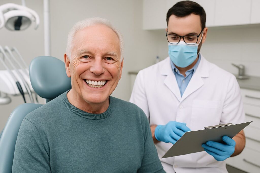 Image of a smiling senior man with a full set of healthy, white teeth, post-dental implant full mouth procedure. The man is sitting in a modern dental office, and a dentist is standing beside him, reviewing his chart. No text on image.