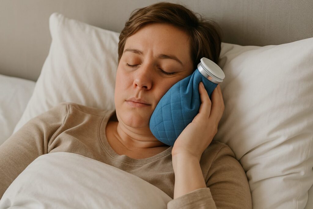 A person resting in bed, with an ice pack gently placed against their cheek, representing the recovery period after dental implant surgery. No text on the image.