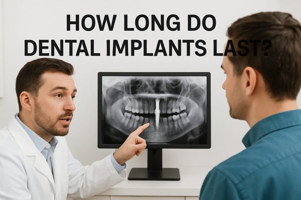 A dentist is pointing to a dental implant x-ray while talking to a patient. The text on the image reads "How Long Do Dental Implants Last?"