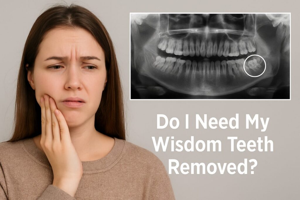 Image of a concerned young woman holding her jaw in pain, alongside an X-ray of impacted wisdom teeth, with the text "Do I Need My Wisdom Teeth Removed?".