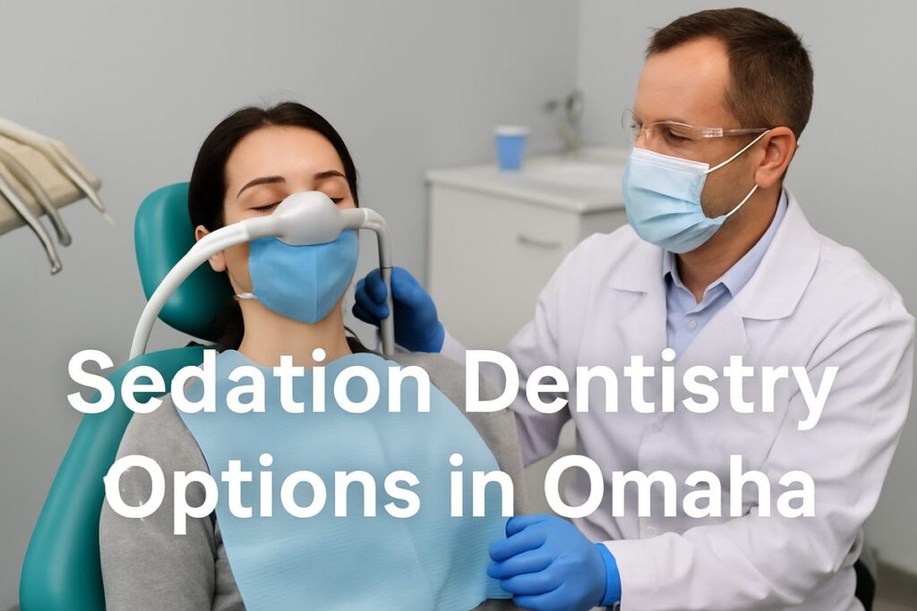 A calm patient is in a dental chair with a mask on, receiving nitrous oxide from a dentist. The text on the image says "Sedation Dentistry Options in Omaha".