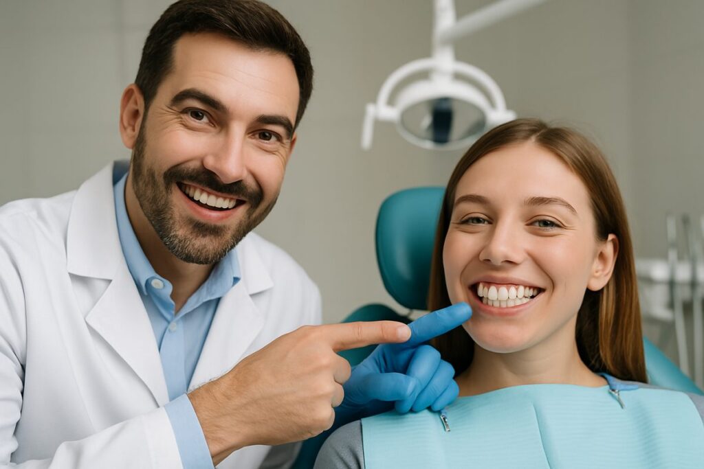 Image of a dentist smiling and pointing to new, bright, white dental implants in a patient's mouth. No text on the image.
