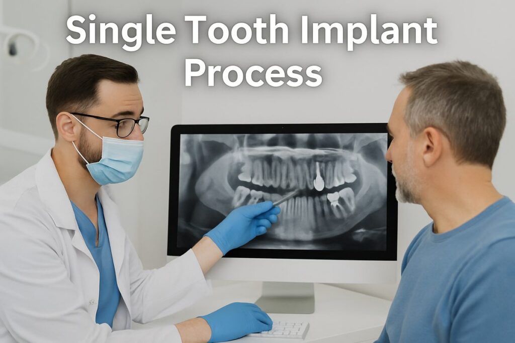 A dentist is pointing to a digital x-ray on a computer screen, explaining the single tooth implant procedure to a patient. Text on image says "Single Tooth Implant Process".
