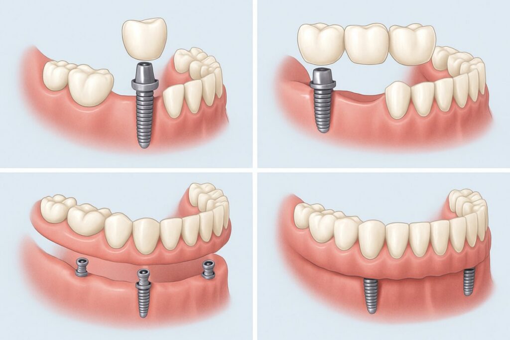 A collage showcasing the main types of teeth implants: single tooth, implant-supported bridge, implant-retained denture, and full arch fixed solution. No text on the image.