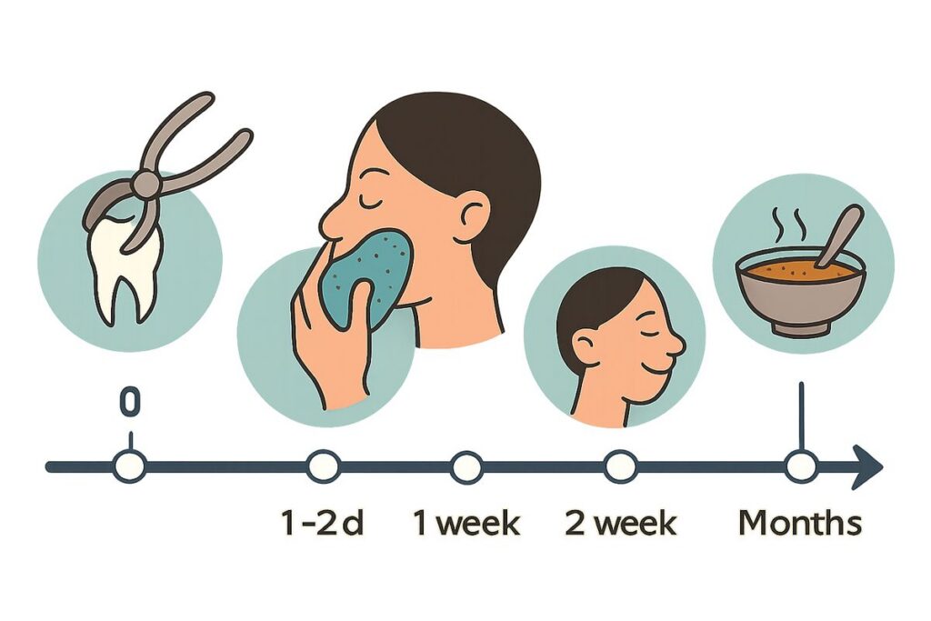 A graphic of a timeline showing the different stages of wisdom tooth extraction recovery, from the day of surgery to months after, with key milestones highlighted along the way. No text on image.