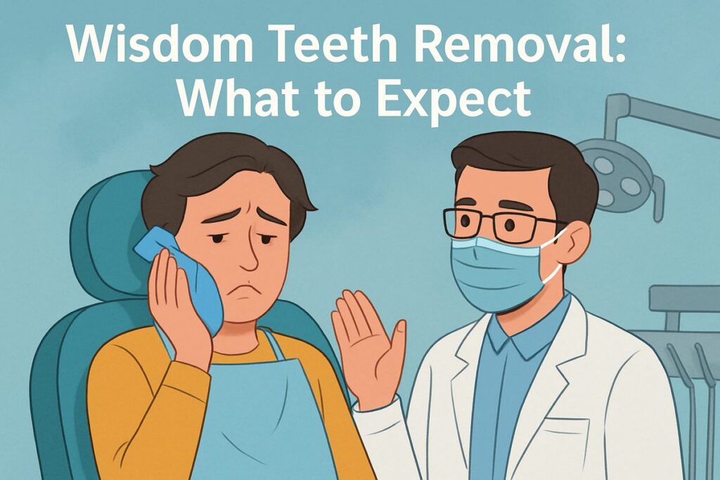 An image depicting a patient in a dental chair, looking uncomfortable with an ice pack on their cheek, contrasted with a calm and reassuring dentist. The text on the image says: "Wisdom Teeth Removal: What to Expect".
