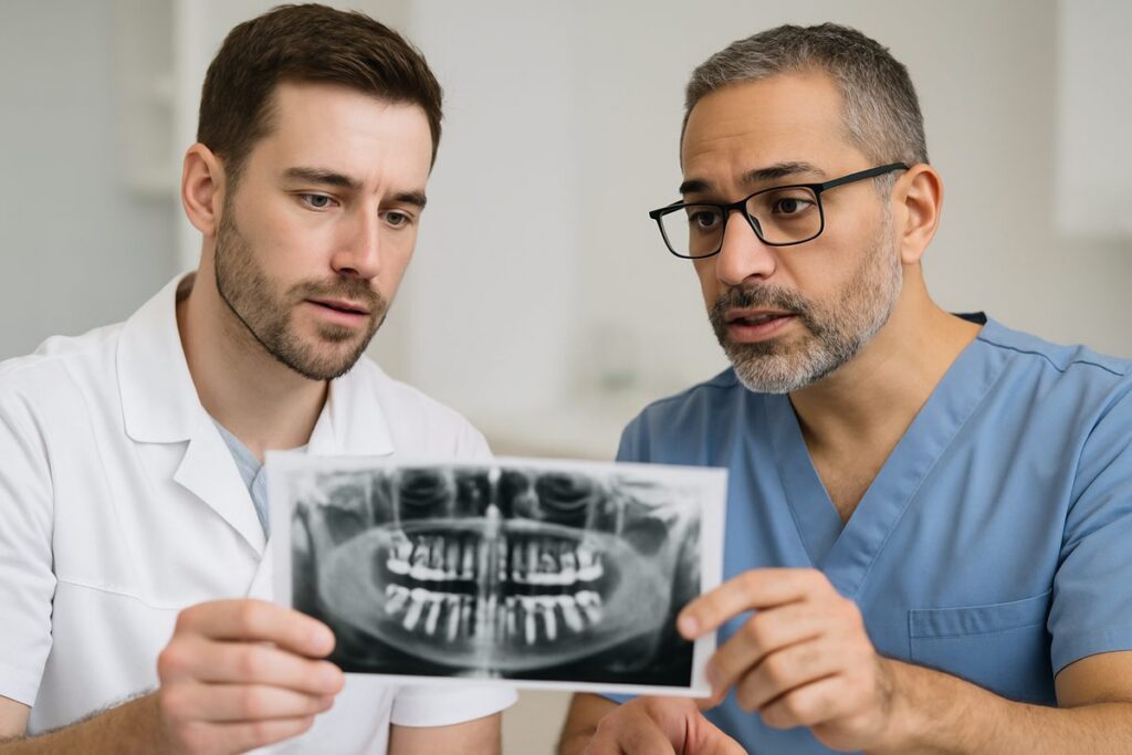 A dentist and oral surgeon are consulting over an x-ray to determine the best course of action for dental implants. The image conveys a sense of collaboration and expertise, emphasizing the team approach. No text on the image.