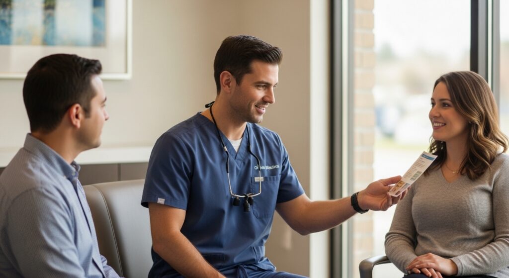 Patient consulting with oral surgeon about wisdom teeth recovery