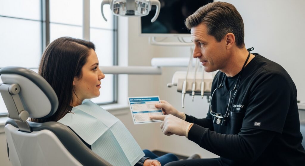 Patient consulting with an oral surgeon about day 6 wisdom teeth recovery in a dental office.
