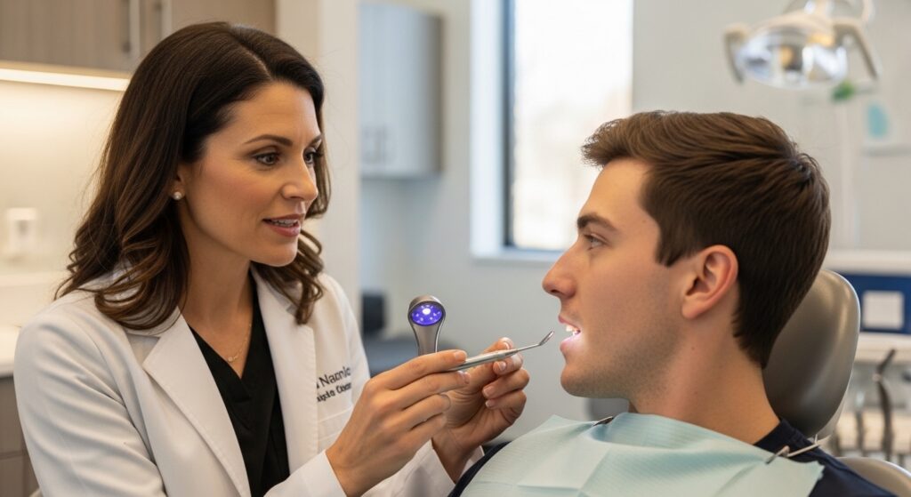 Oral surgeon consulting a patient about wisdom tooth healing in a modern clinic.