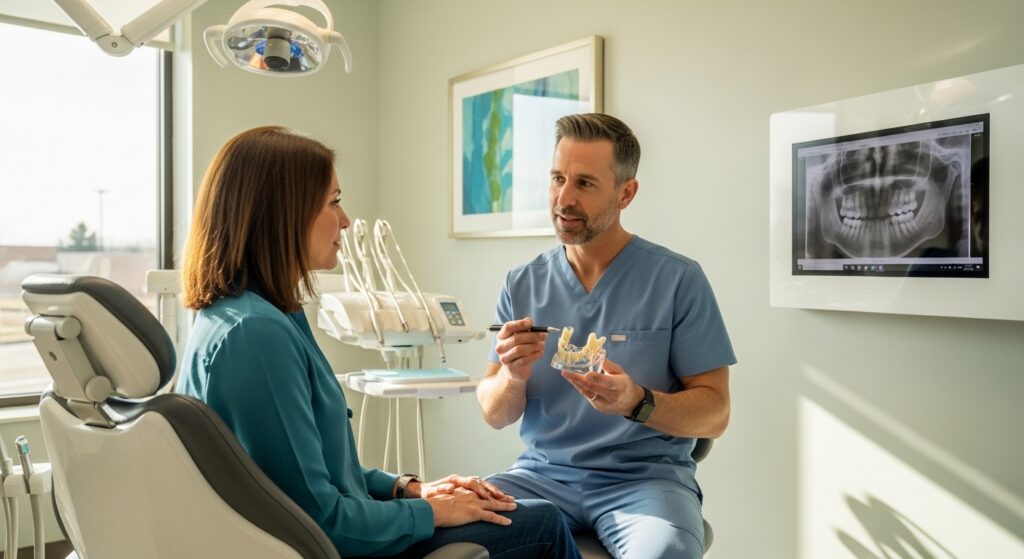 Oral surgeon in Omaha consulting with a patient in a modern dental office