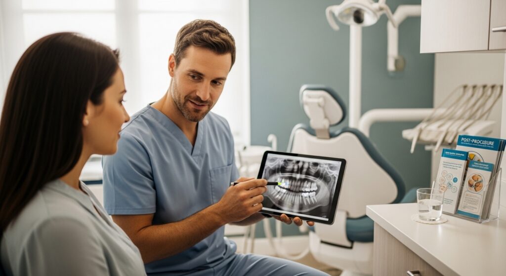 Oral surgeon consulting patient on wisdom tooth removal recovery