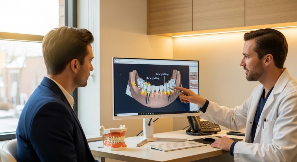 Dentist consulting with patient about bone grafting in a modern office