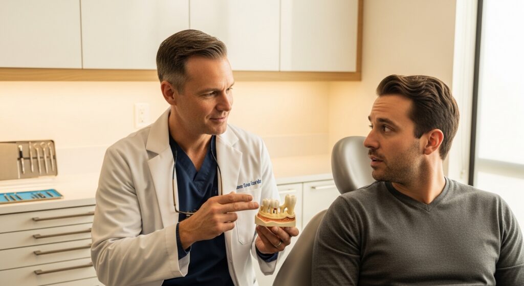 Oral surgeon consulting with a patient about post-extraction care