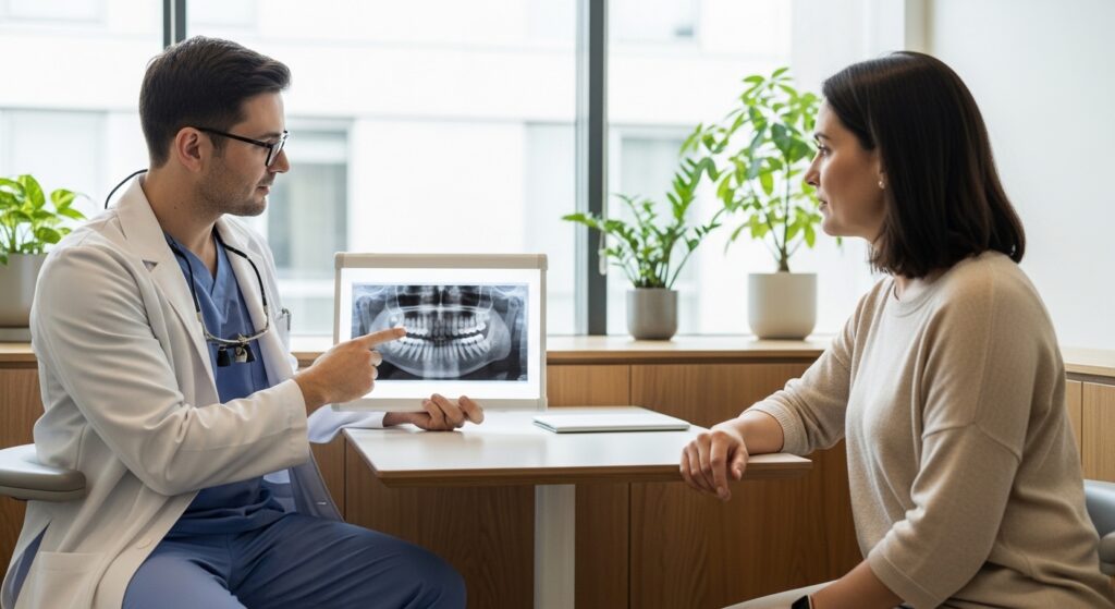 Patient consulting with oral surgeon in modern dental office