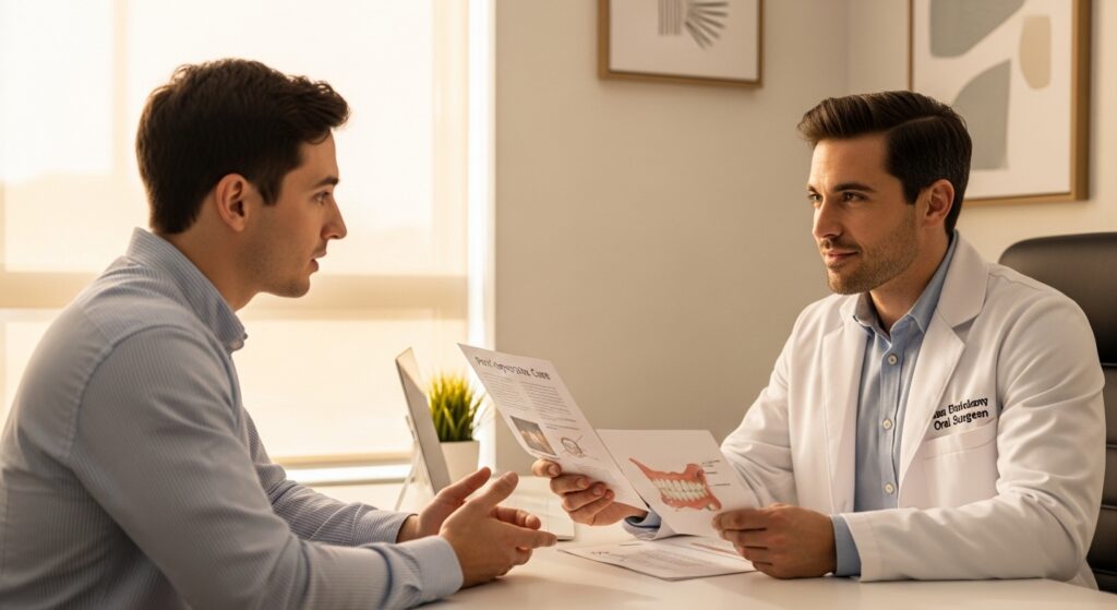 Patient discussing wisdom tooth extraction recovery with oral surgeon