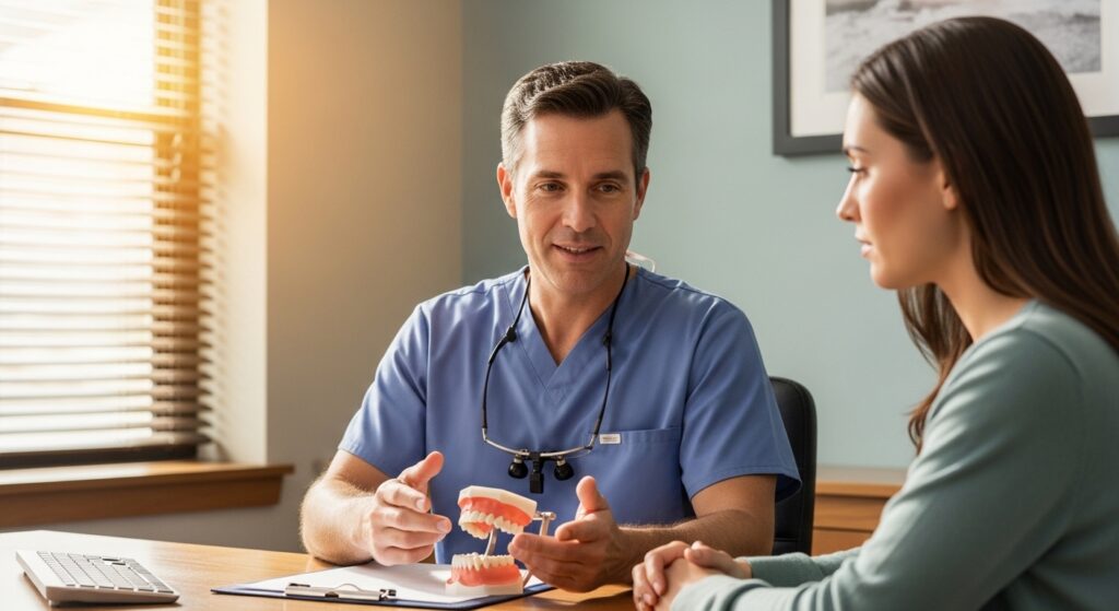 Oral surgeon consulting patient about wisdom teeth