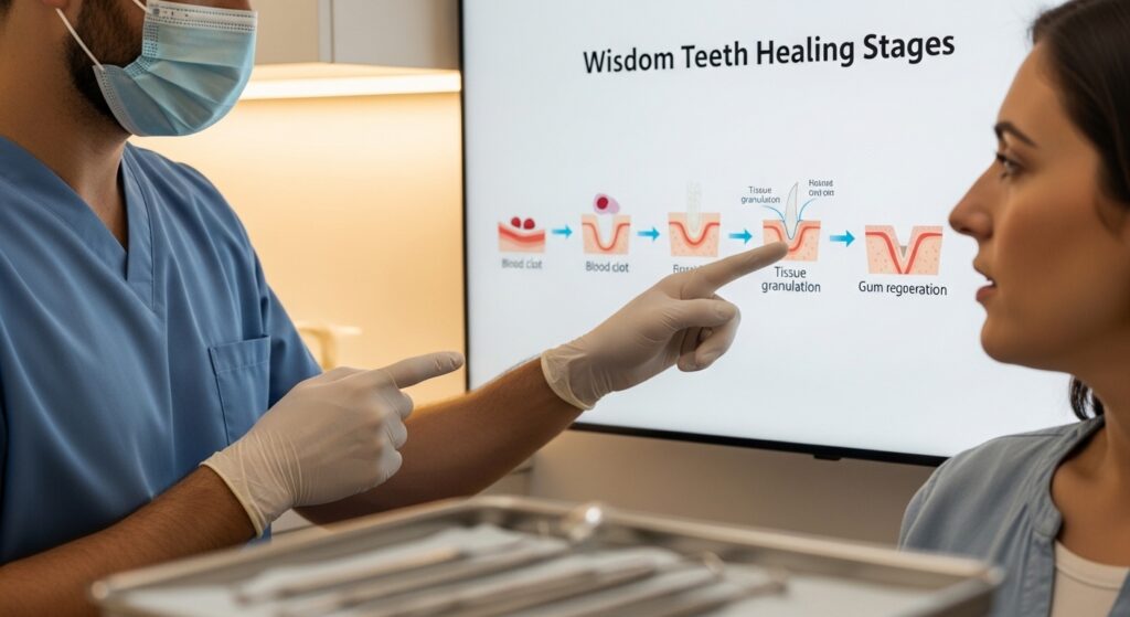 Dentist showing a patient wisdom teeth healing timeline in a modern dental office