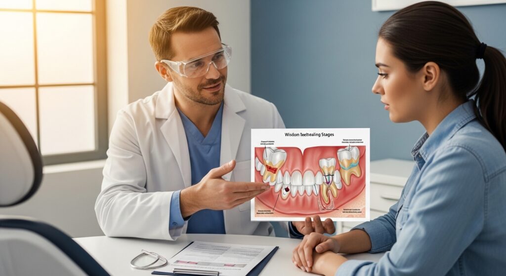 Oral surgeon consulting patient about wisdom teeth recovery.