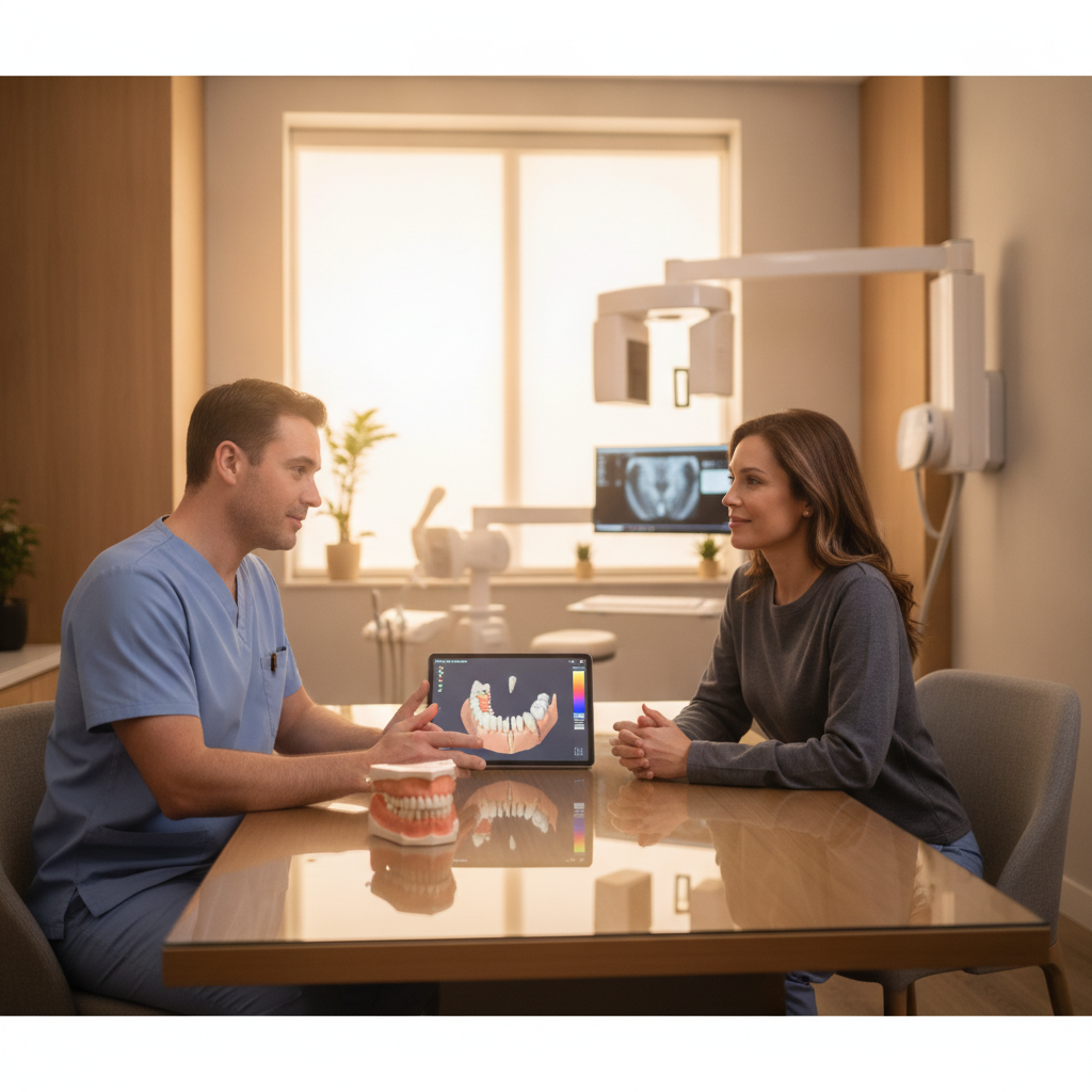 Dental consultation discussing oral surgery options in a modern office