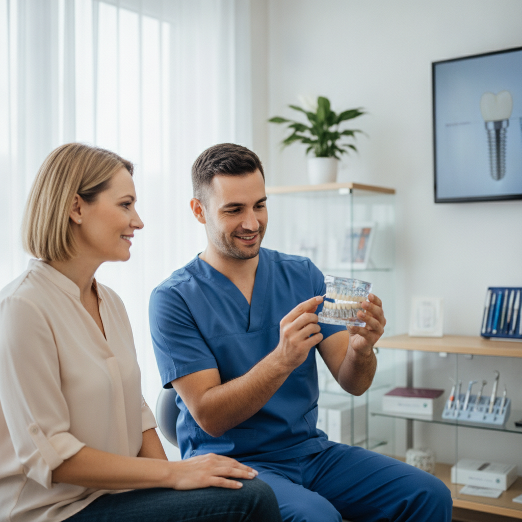 Dentist and patient discussing dental implants in modern clinic setting