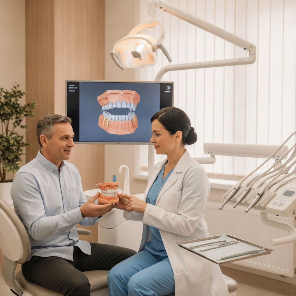 Dental surgeon and patient in consultation about All-on-4 dental implants in a modern clinic setting